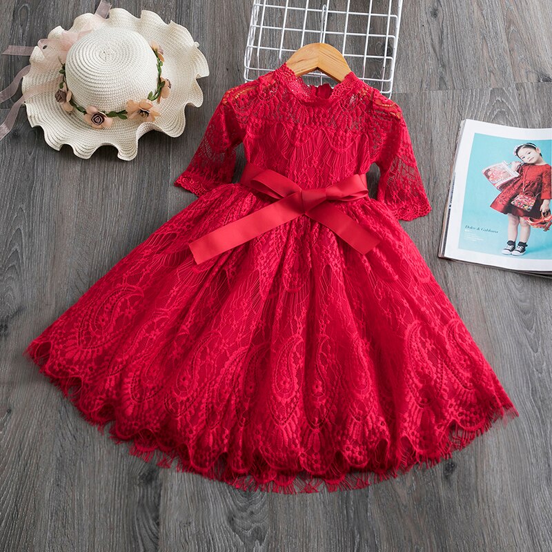 Red Kids Dresses For Girls Flower Lace